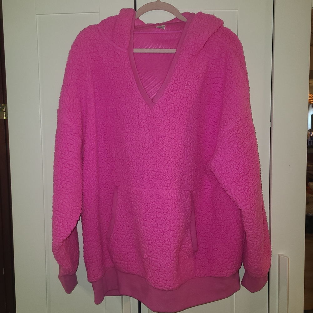 PINK Victoria's Secret Cozy Fleece V Neck Hoodie in Bright Pink